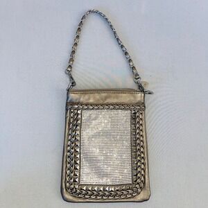 Metallic Pewter Rhinestone Studded Shoulder Bag Braided Chain Strap Crossbody